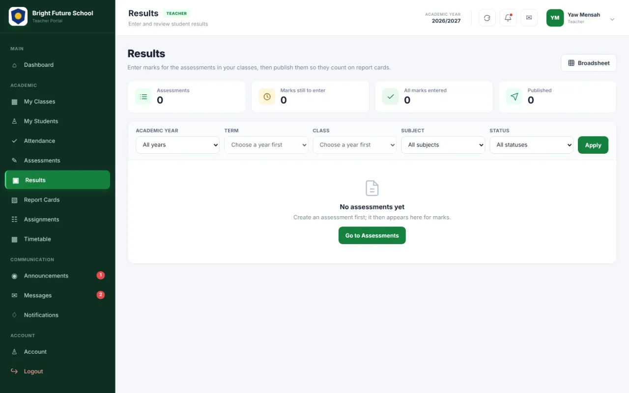 Bizora Teacher Portal results screen